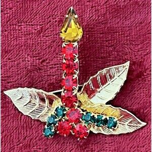 Vintage Christmas Rhinestone  Pin Brooch Candle Holly Pin 1.5"